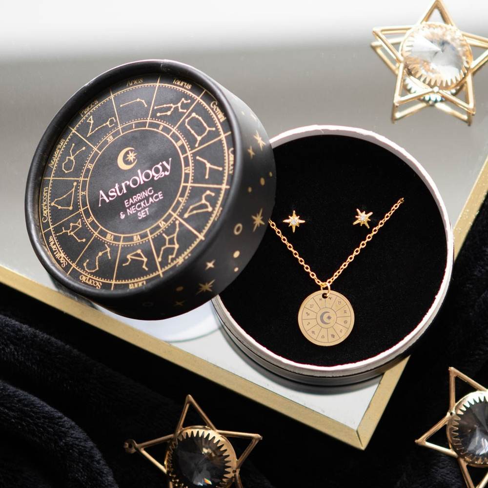 Something Different - Astrology Wheel Earring and Necklace Set Jewellery set - Black/Gold coloured